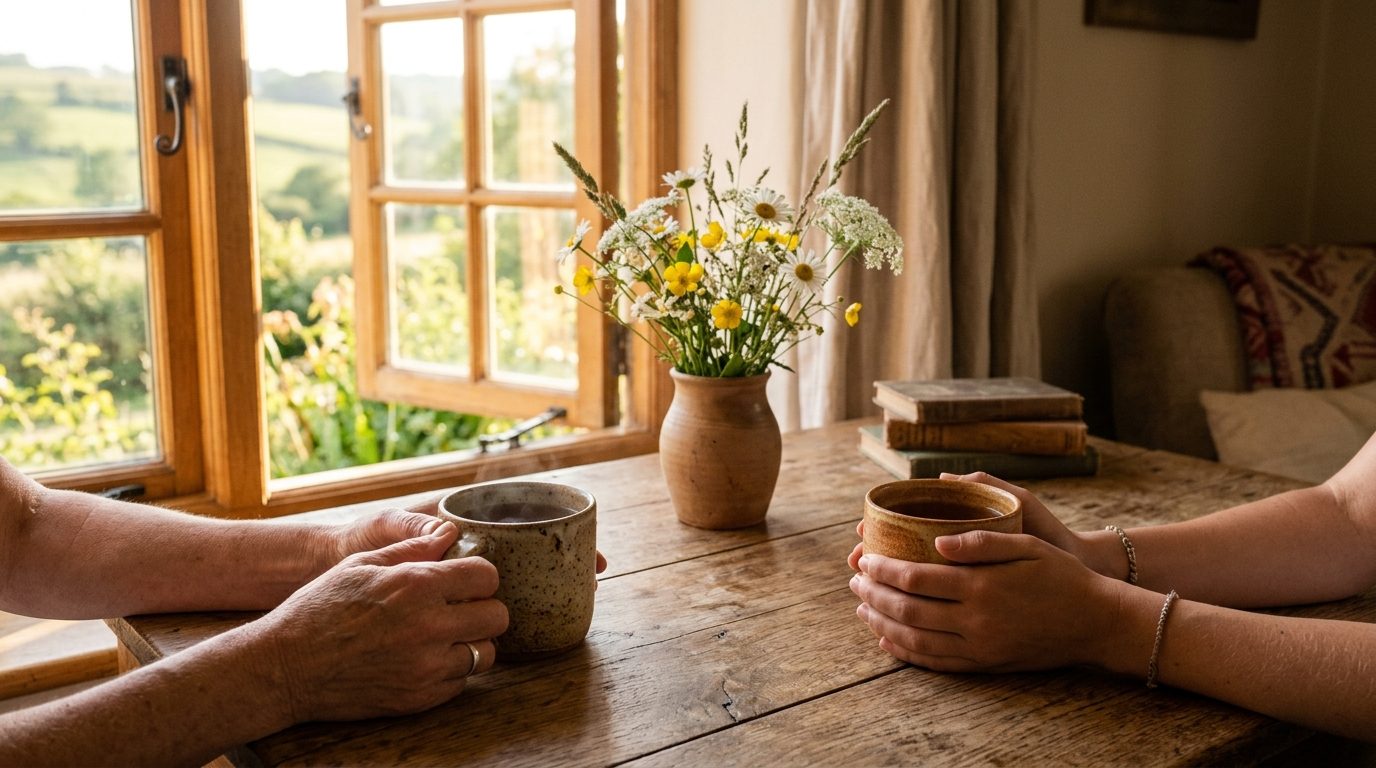 Mains tenant des tasses de thé sur une table en bois dans une ambiance chaleureuse de dialogue et de sérénité