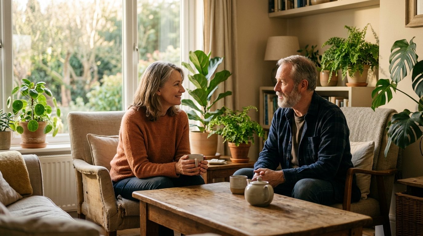 Échange chaleureux et serein entre deux personnes illustrant une communication bienveillante et consciente