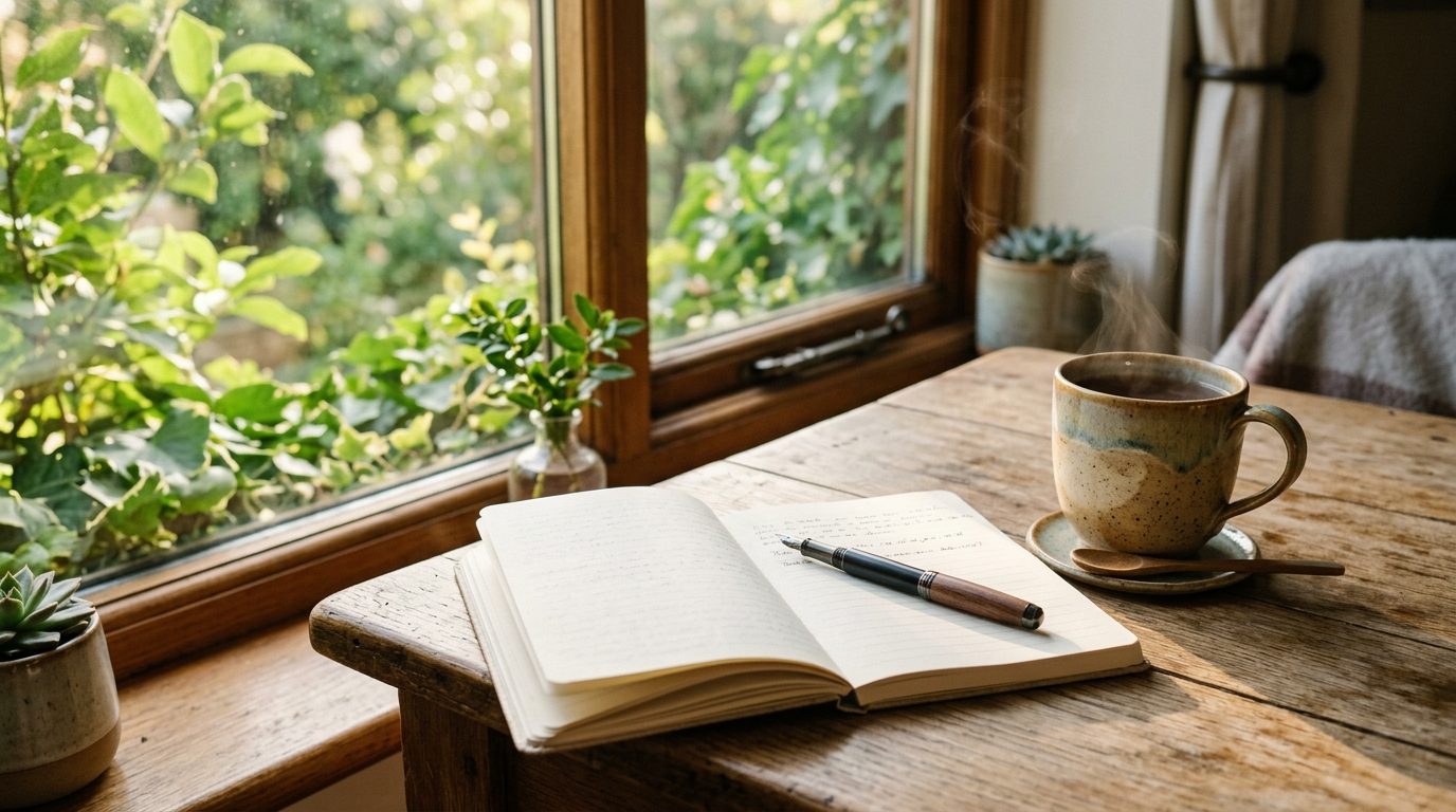 Un carnet ouvert et une tasse de thé baignés de lumière matinale, symbolisant la réflexion intérieure et la paix de l'esprit