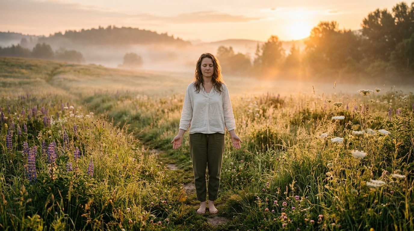 Personne sereine au lever du soleil dans un champ paisible, symbole de confiance en soi retrouvée