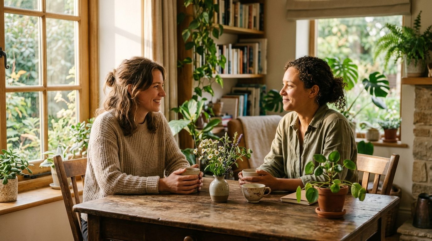 Deux personnes échangeant avec sérénité et écoute attentive lors d'une discussion bienveillante
