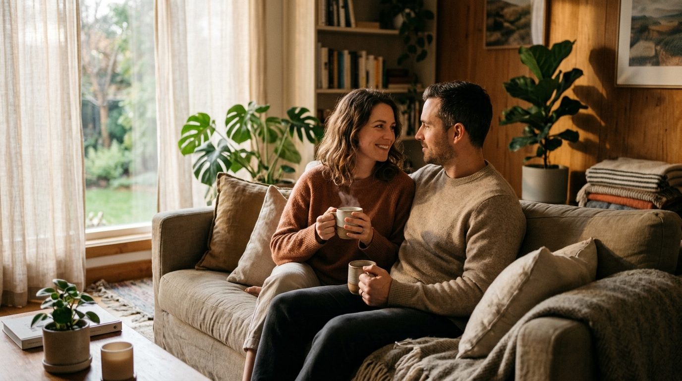 Un couple échangeant un regard bienveillant et apaisé lors d'une discussion intime
