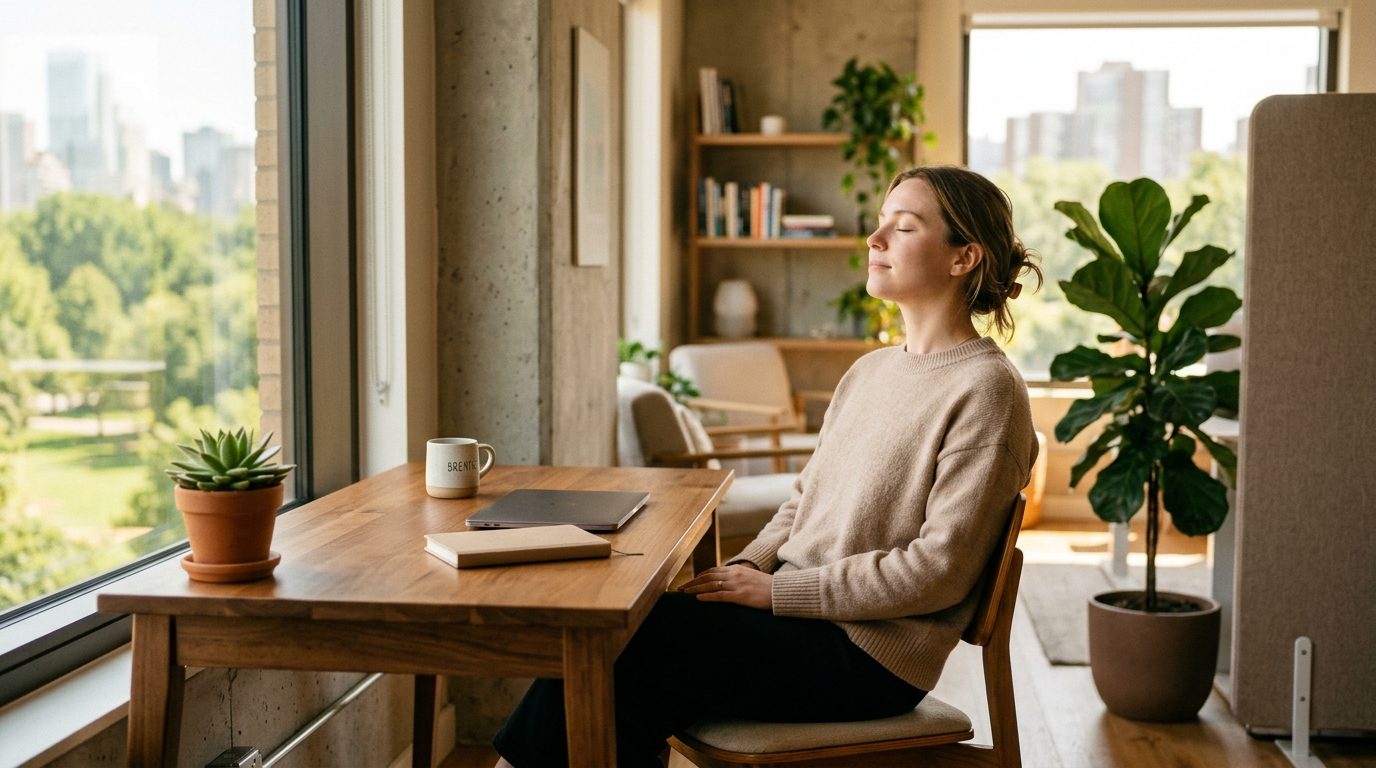 Une personne prenant un moment de respiration et de sérénité à son bureau