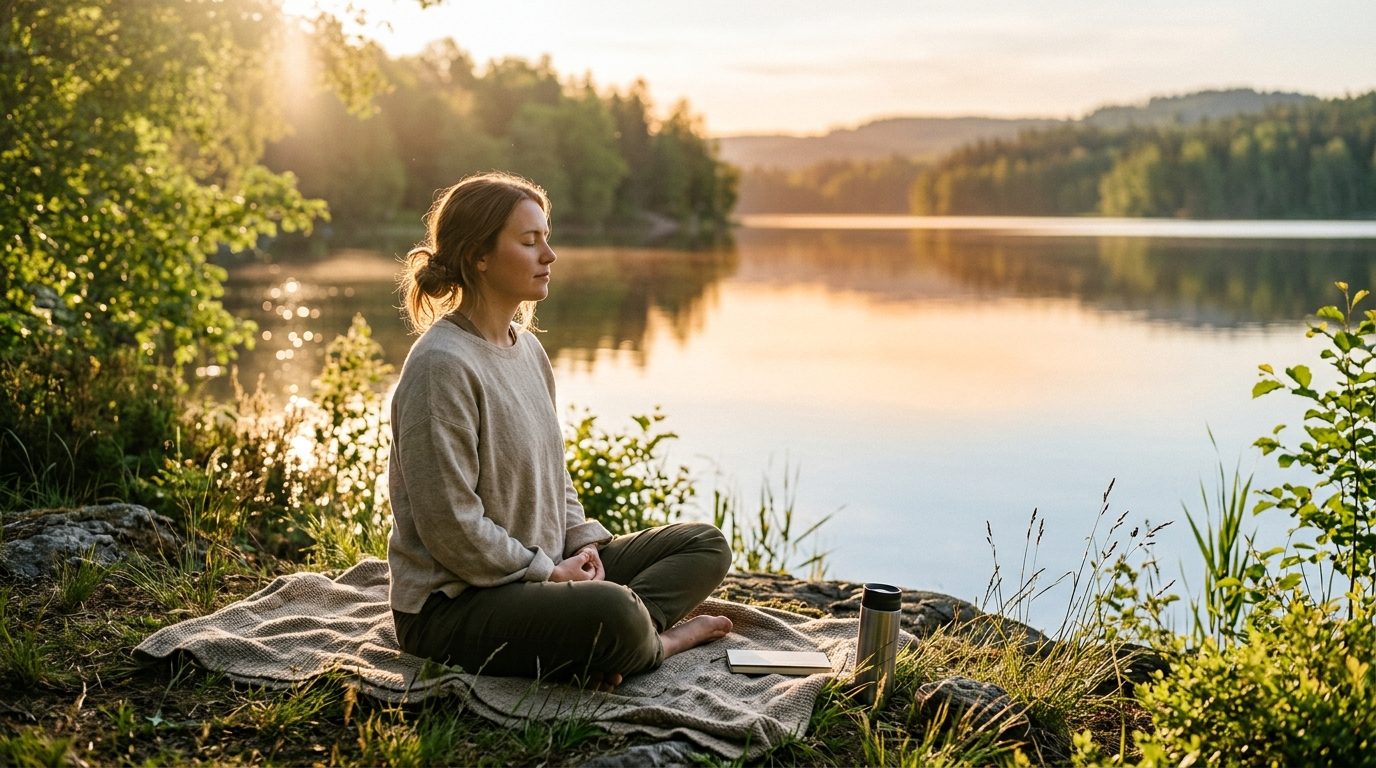 Personne assise en toute sérénité face à la nature, incarnant la paix intérieure et la confiance en soi