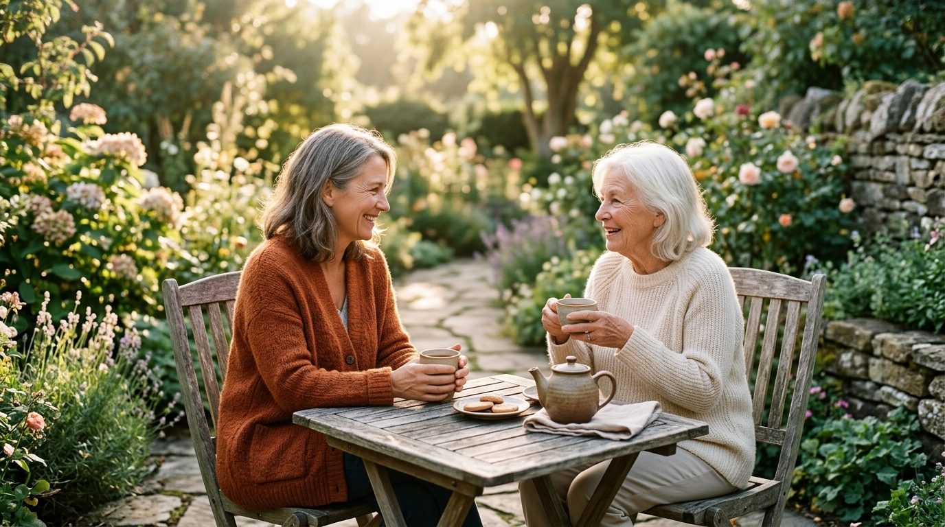 Deux personnes échangeant un moment de dialogue paisible et chaleureux dans un jardin