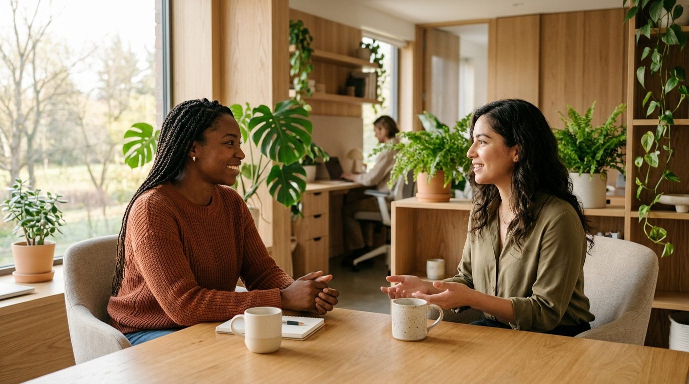 Deux collègues échangeant avec sérénité et écoute attentive dans un bureau lumineux et apaisant