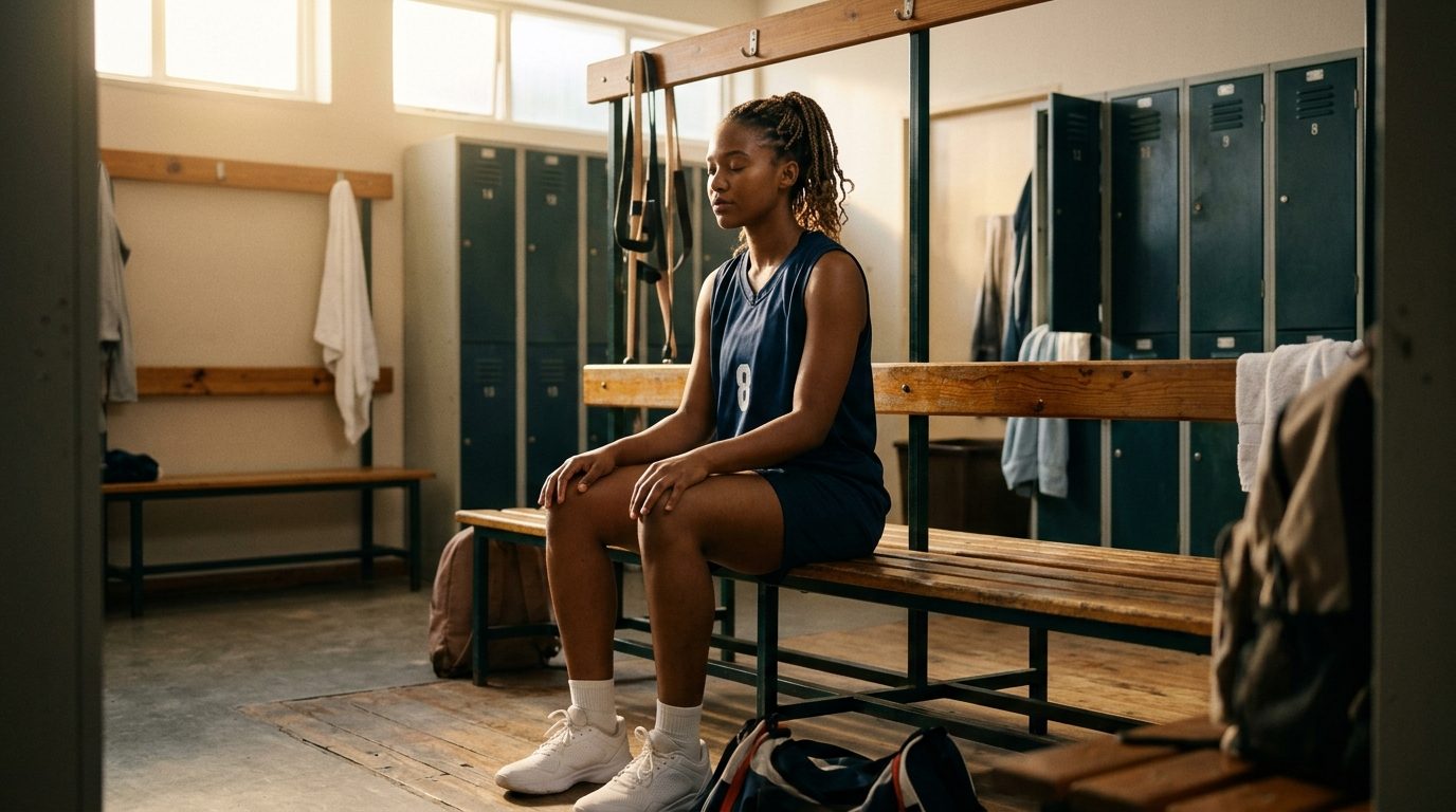 Basketteur serein se concentrant calmement dans le vestiaire avant son match