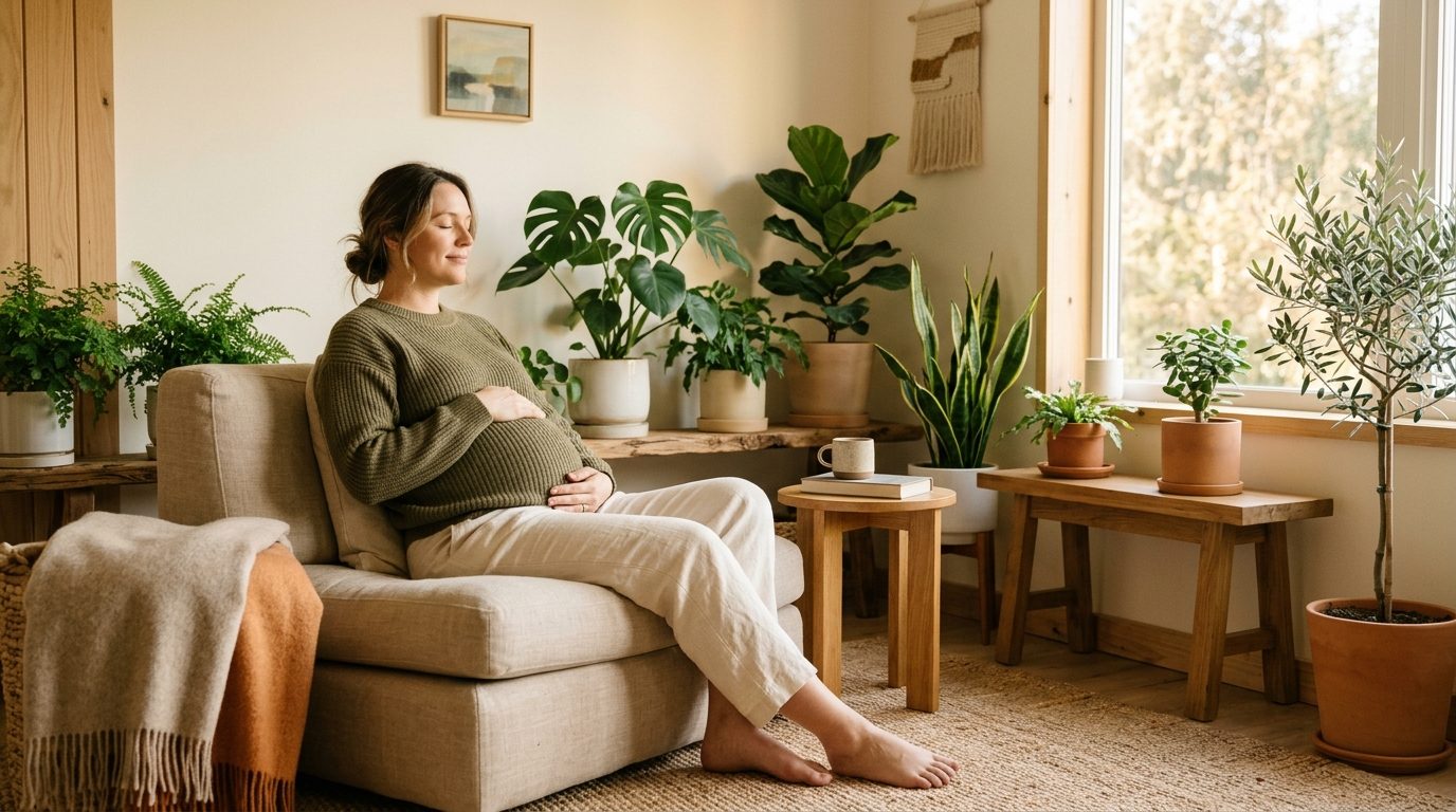 Femme apaisée posant la main sur son ventre dans un moment de méditation et de détente