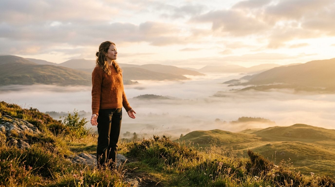 Une personne sereine contemplant l'horizon au lever du soleil dans une ambiance de paix intérieure