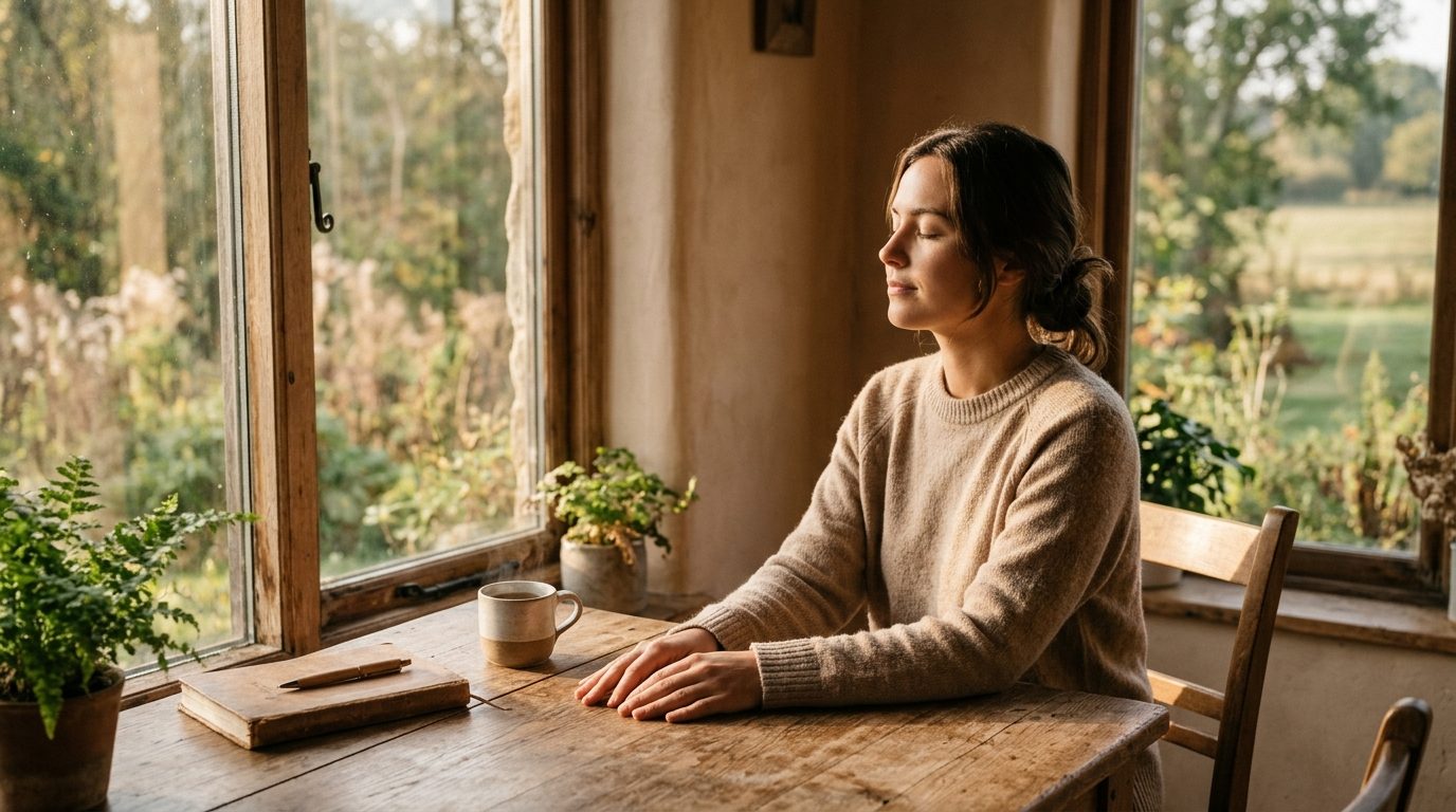 Personne assise sereinement dans une lumière douce, incarnant le calme et la présence intérieure