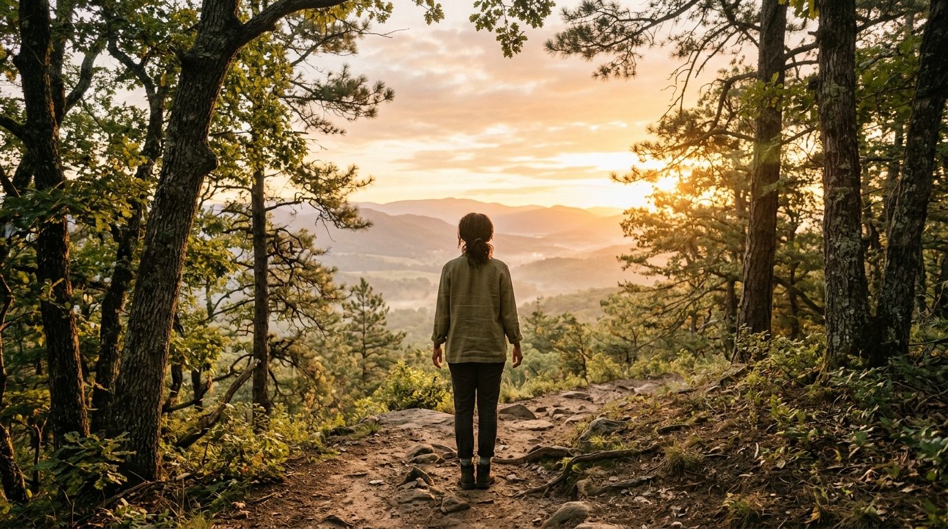 Une personne sereine contemplant l'horizon au lever du soleil dans un état d'ancrage et de paix intérieure