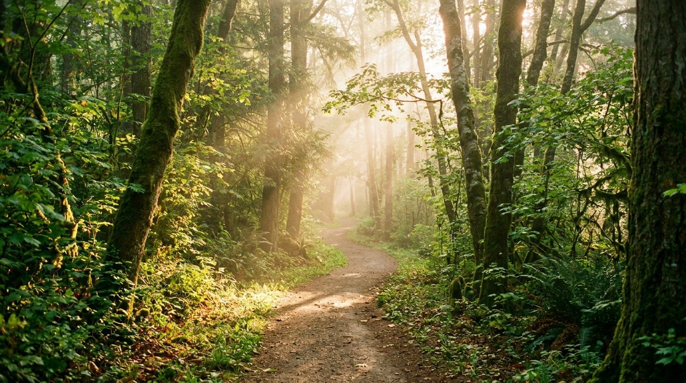 Chemin paisible dans une forêt baignée de lumière matinale, symbolisant la paix intérieure et la clarté