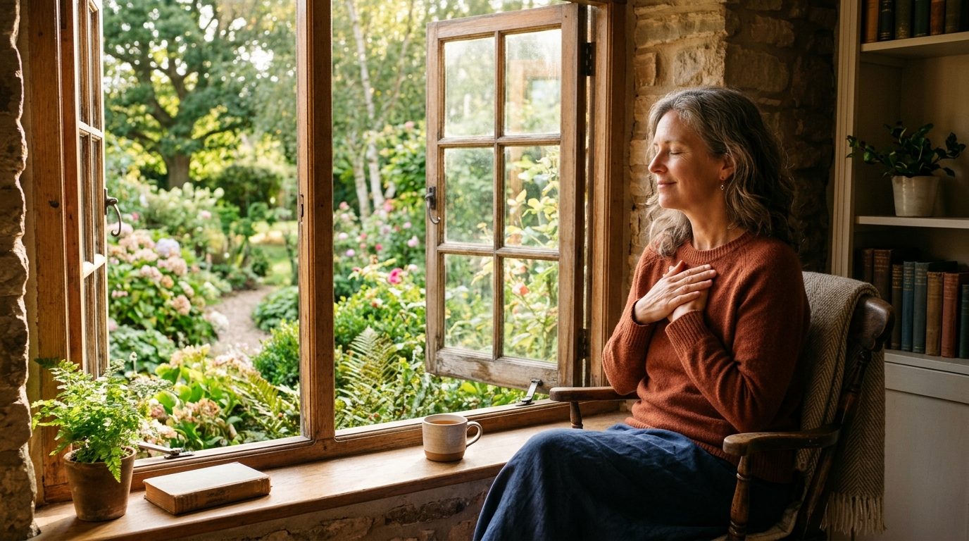 Personne assise paisiblement près d'une fenêtre baignée de lumière naturelle en quête de sérénité intérieure