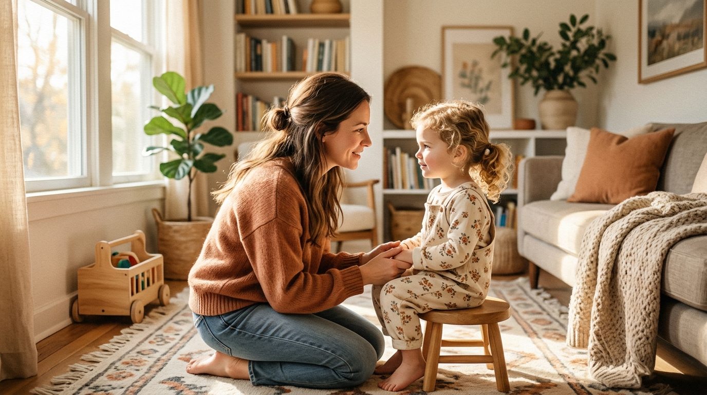 Une mère échangeant avec bienveillance et douceur avec son enfant dans un salon baigné de lumière