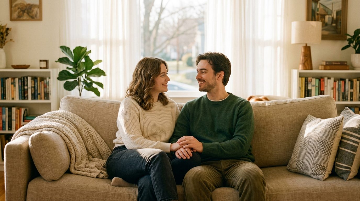 Un couple échangeant sereinement dans un salon lumineux et chaleureux au sujet de leur avenir commun