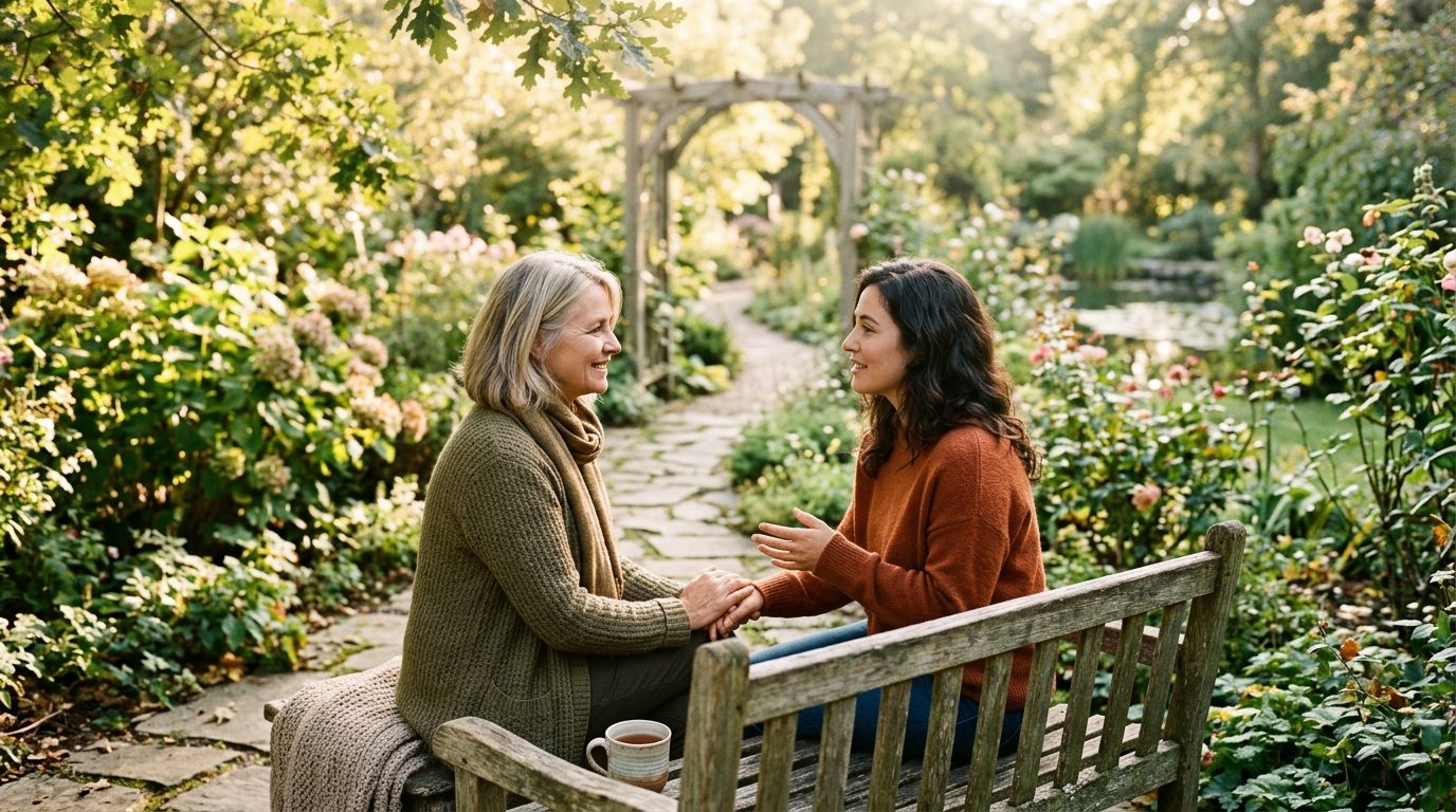 Échange chaleureux et apaisé entre deux personnes dans un cadre naturel