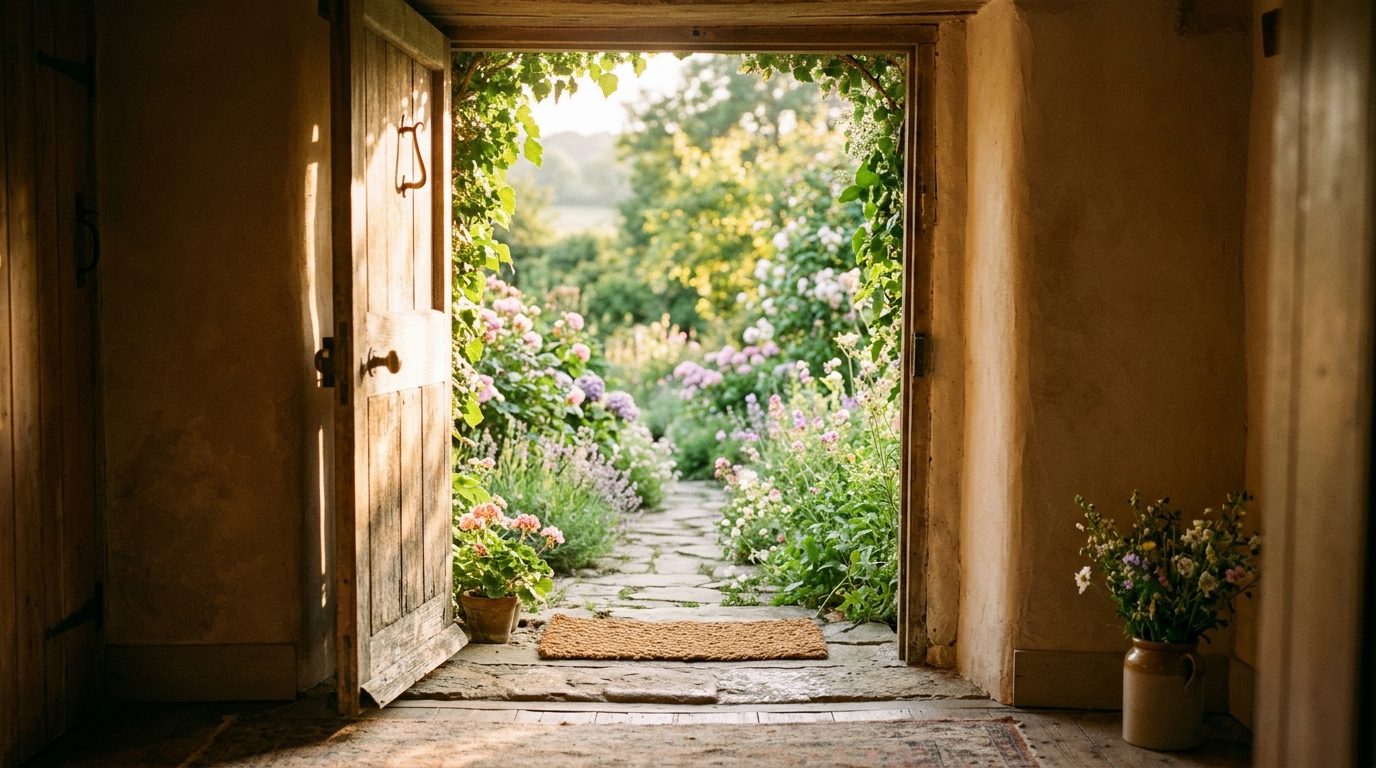 Une porte ouverte baignée d'une lumière douce et dorée, symbolisant l'accueil chaleureux et les opportunités bienveillantes