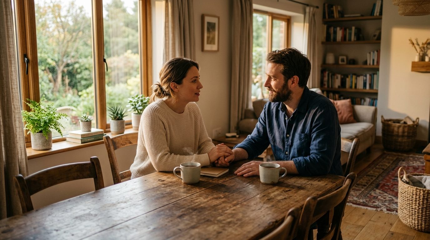 Couple assis face à face échangeant dans un dialogue apaisé et bienveillant