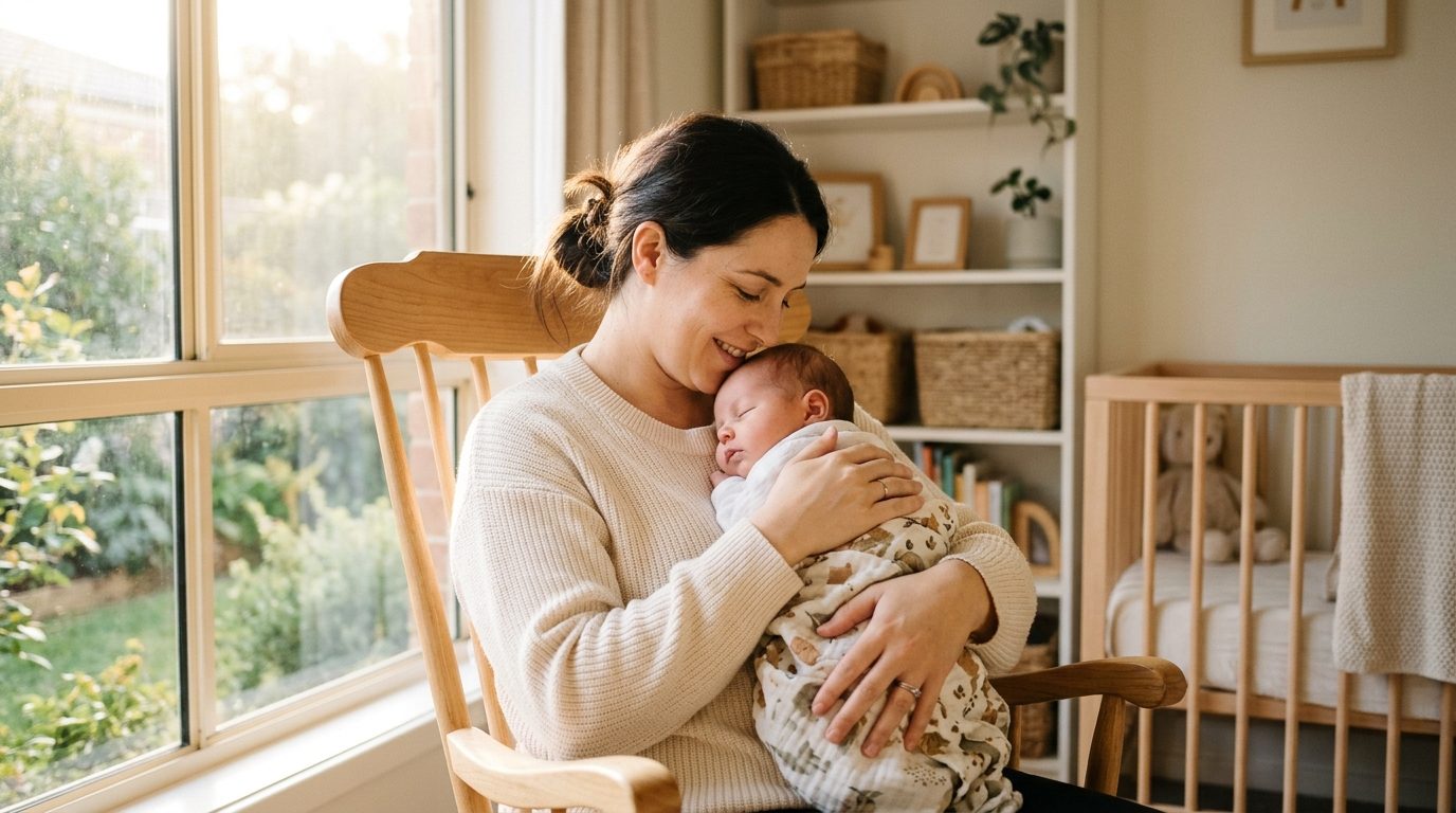 Parent tenant son bébé avec tendresse dans une ambiance lumineuse et apaisante
