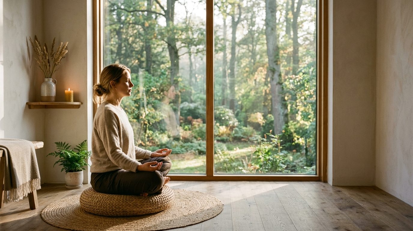 Moment de réflexion et d'ancrage spirituel dans un espace lumineux et serein pour incarner le leadership conscient