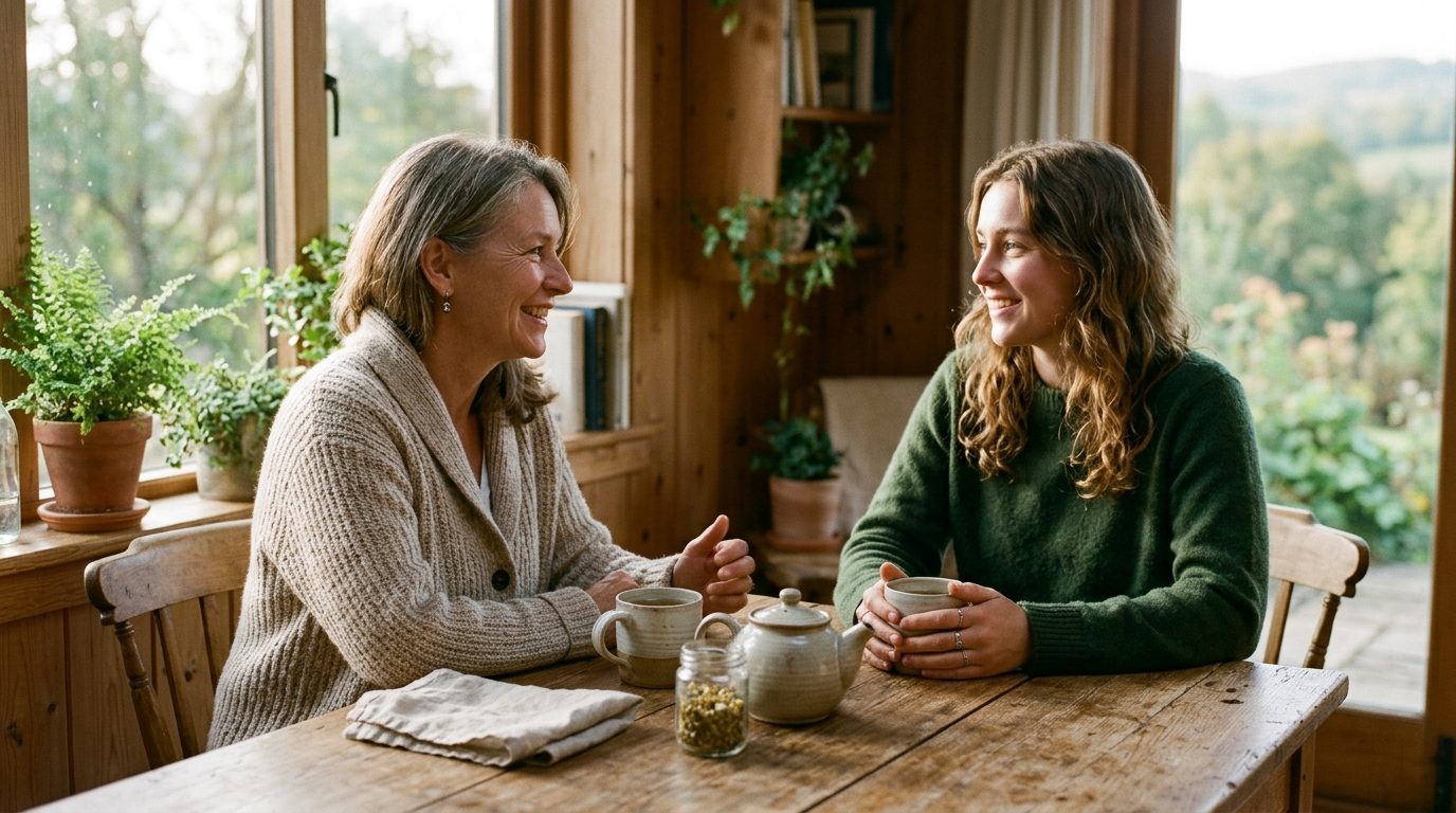 Échange chaleureux et apaisé entre deux personnes autour d'une table baignée de lumière naturelle