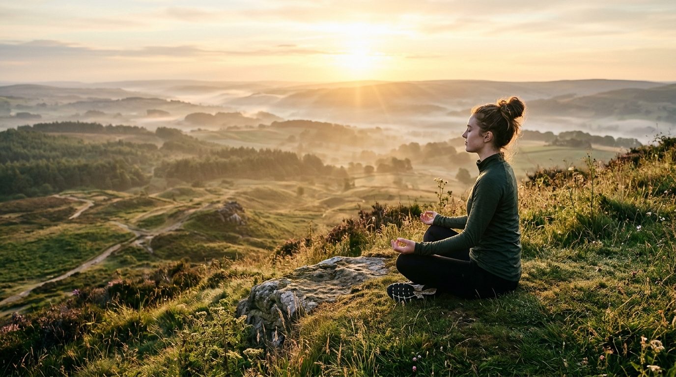 Personne en tenue de sport méditant paisiblement au lever du soleil sur une colline brumeuse