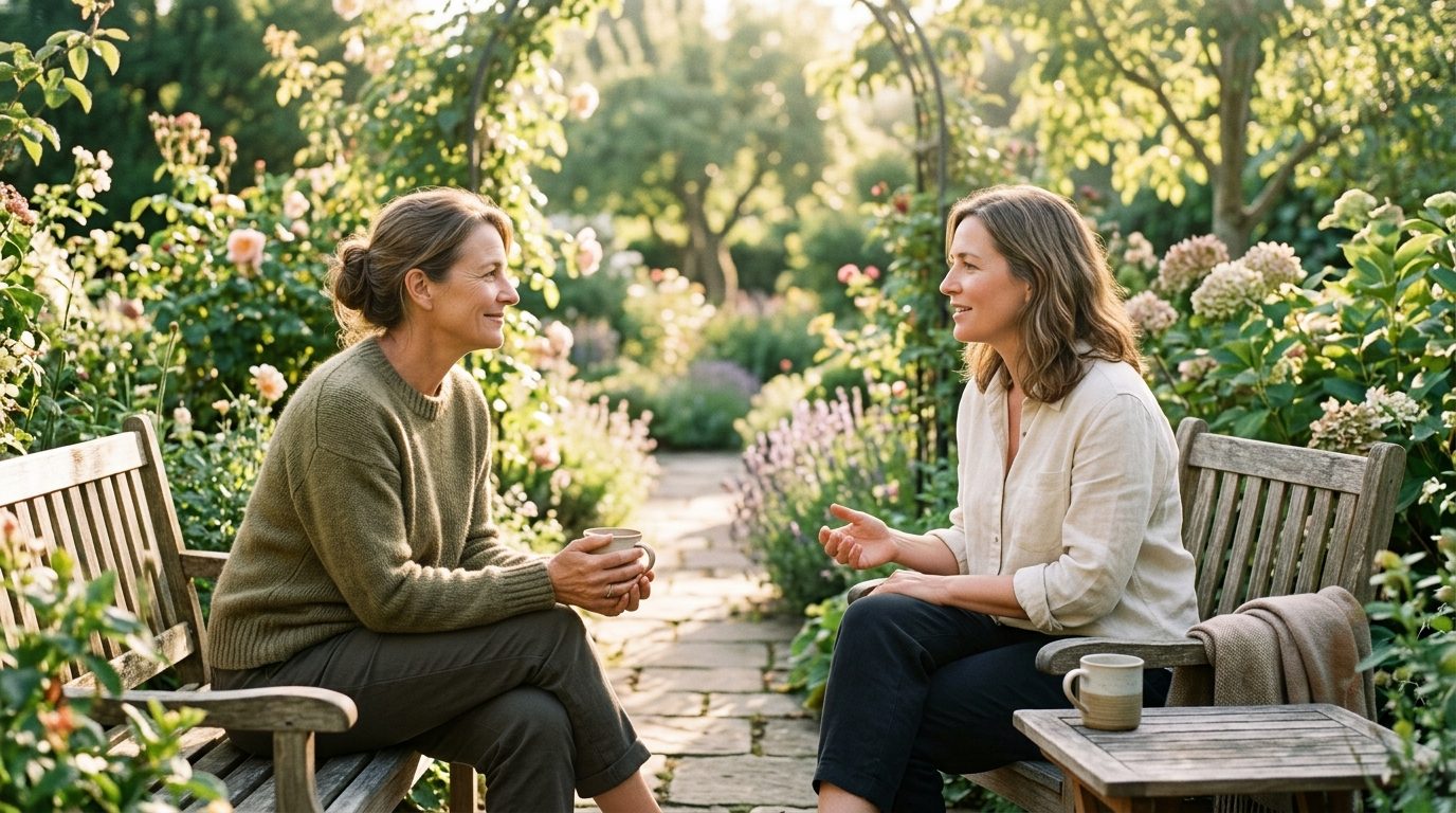 Deux personnes conversant sereinement dans un jardin baigné de lumière douce, illustrant l'art de la communication bienveillante